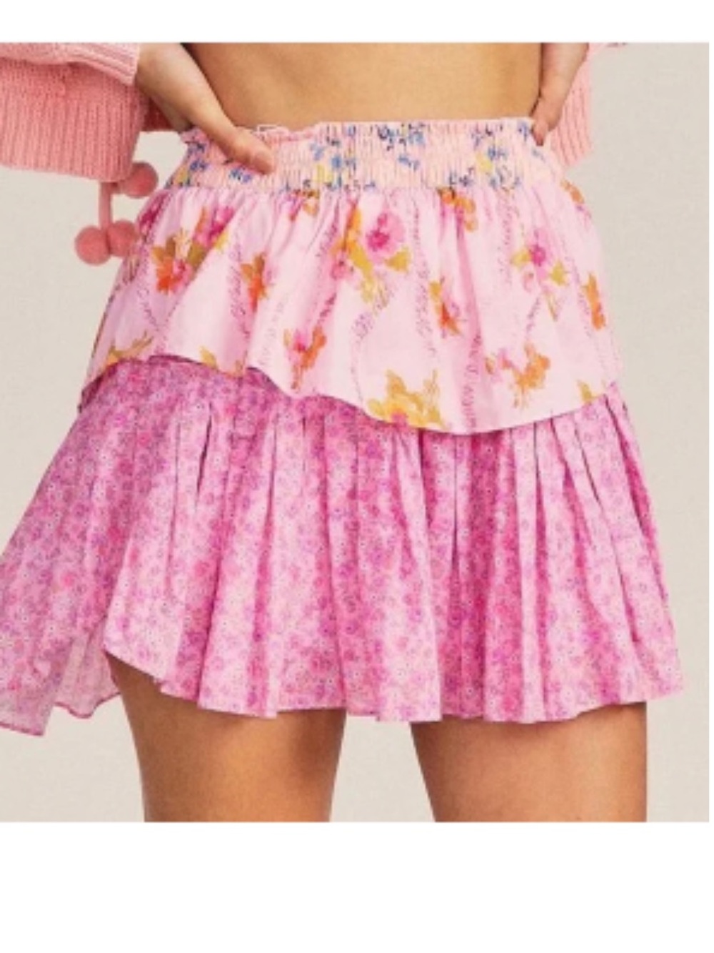 LoveShackFancy Pink Floral Ruffle Tiered Mini Skirt - Exploded Pink Mixed Print - Picture 2 of 7